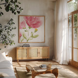 Delicate Rose I by Yvette St. Amant. Shown in a natural wood frame in a cozy modern living room. Available as an archival giclee rolled canvas, fine art paper, or poster print. SKU 96272a.