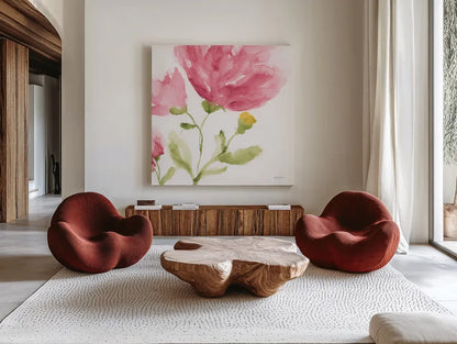 Delicate Rose I by Yvette St. Amant. Shown as extra-large giant wall art in a modern living room. Available as an archival giclee rolled canvas, fine art paper, or poster print. SKU 96272a.