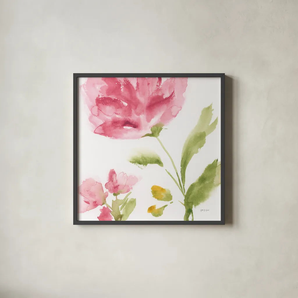 Delicate Rose II by Yvette St. Amant. Shown in a sleek black glass frame for a contemporary gallery look. Available as an archival giclee rolled canvas, fine art paper, or poster print. SKU 96273a.
