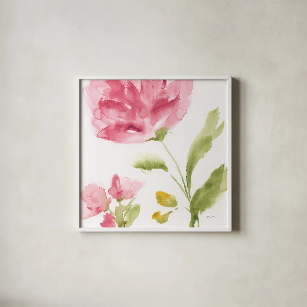 Delicate Rose II by Yvette St. Amant. Shown in a crisp white glass frame for a clean and minimalist style. Available as an archival giclee rolled canvas, fine art paper, or poster print. SKU 96273a.
