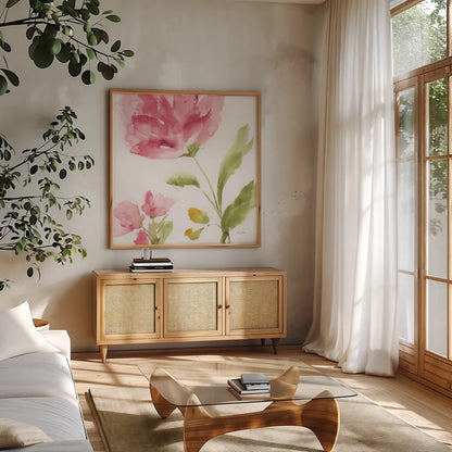 Delicate Rose II by Yvette St. Amant. Shown in a natural wood frame in a cozy modern living room. Available as an archival giclee rolled canvas, fine art paper, or poster print. SKU 96273a.