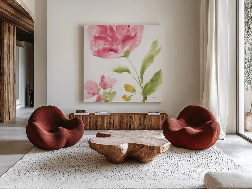 Delicate Rose II by Yvette St. Amant. Shown as extra-large giant wall art in a modern living room. Available as an archival giclee rolled canvas, fine art paper, or poster print. SKU 96273a.