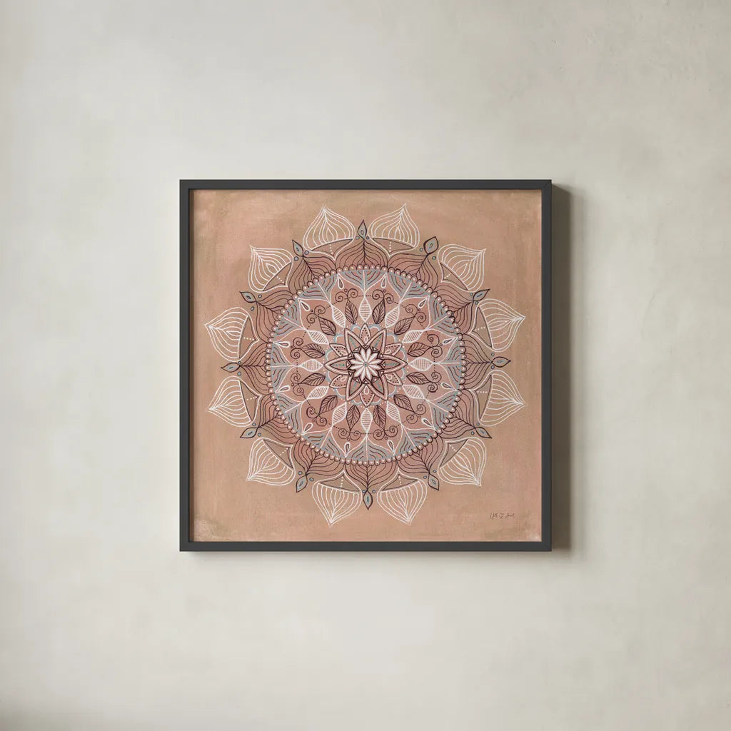 Desert Mandala by Yvette St. Amant. Shown in a sleek black glass frame for a contemporary gallery look. Available as an archival giclee rolled canvas, fine art paper, or poster print. SKU 90986a.