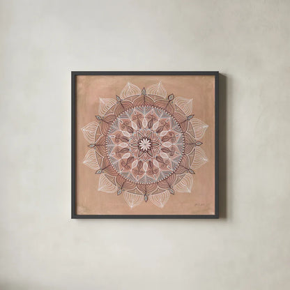 Desert Mandala by Yvette St. Amant. Shown in a sleek black glass frame for a contemporary gallery look. Available as an archival giclee rolled canvas, fine art paper, or poster print. SKU 90986a.