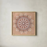 Desert Mandala by Yvette St. Amant. Shown in a natural wood glass frame for a timeless modern aesthetic. Available as an archival giclee rolled canvas, fine art paper, or poster print. SKU 90986a.