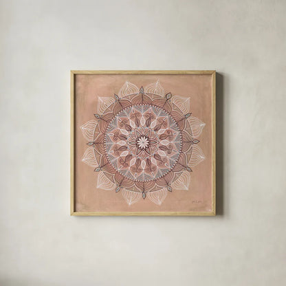 Desert Mandala by Yvette St. Amant. Shown in a natural wood glass frame for a timeless modern aesthetic. Available as an archival giclee rolled canvas, fine art paper, or poster print. SKU 90986a.