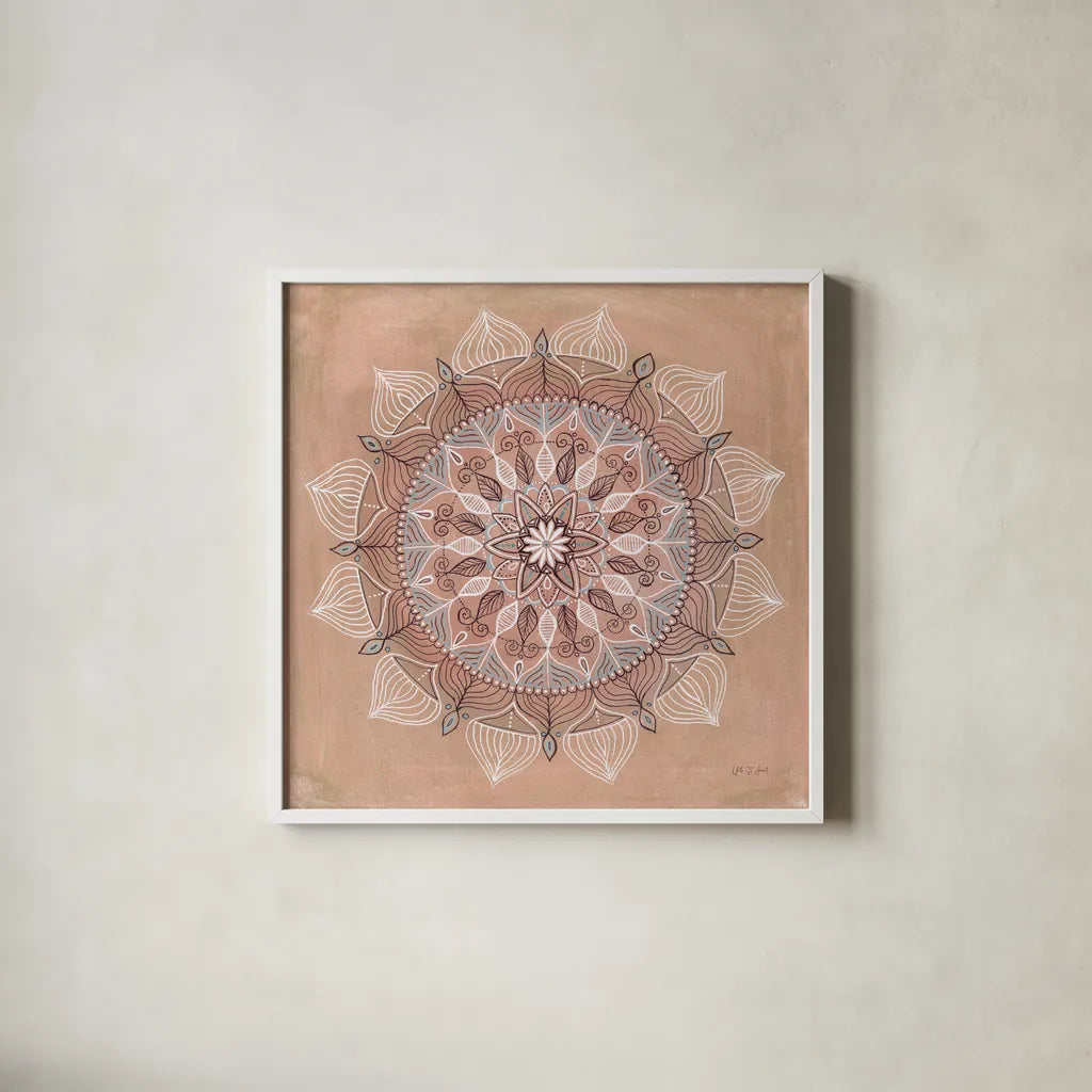 Desert Mandala by Yvette St. Amant. Shown in a crisp white glass frame for a clean and minimalist style. Available as an archival giclee rolled canvas, fine art paper, or poster print. SKU 90986a.