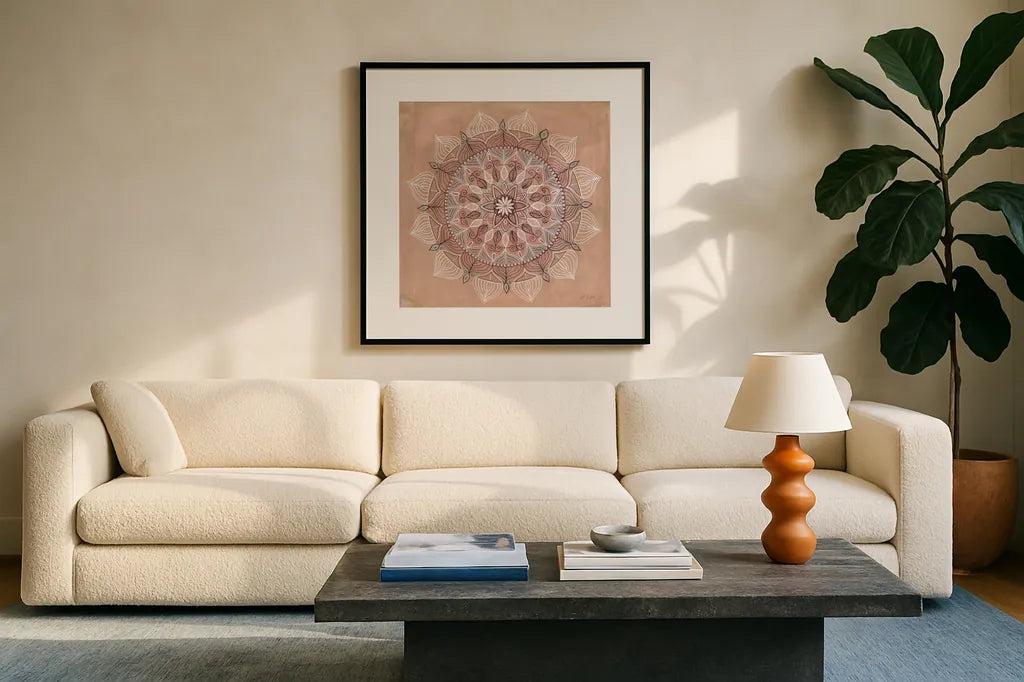 Desert Mandala by Yvette St. Amant. Displayed in a glass frame with matte in a clean modern living room. Available as an archival giclee rolled canvas, fine art paper, or poster print. SKU 90986a.