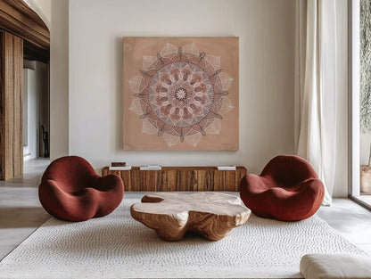 Desert Mandala by Yvette St. Amant. Shown as extra-large giant wall art in a modern living room. Available as an archival giclee rolled canvas, fine art paper, or poster print. SKU 90986a.