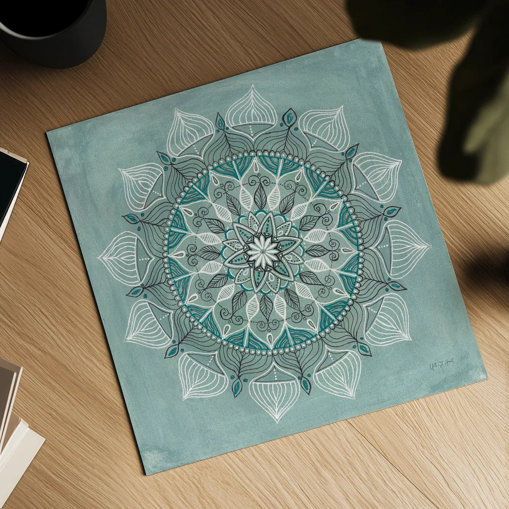 Desert Mandala Green by Yvette St. Amant. Shown as a detailed flat fine art print, highlighting archival giclee quality. Available as an archival giclee rolled canvas, fine art paper, or poster print. SKU 91001a.
