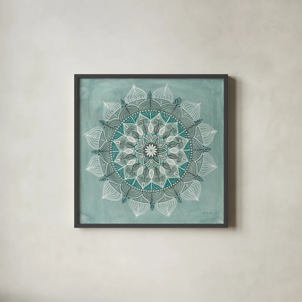 Desert Mandala Green by Yvette St. Amant. Shown in a sleek black glass frame for a contemporary gallery look. Available as an archival giclee rolled canvas, fine art paper, or poster print. SKU 91001a.