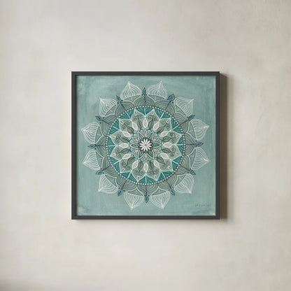 Desert Mandala Green by Yvette St. Amant. Shown in a sleek black glass frame for a contemporary gallery look. Available as an archival giclee rolled canvas, fine art paper, or poster print. SKU 91001a.