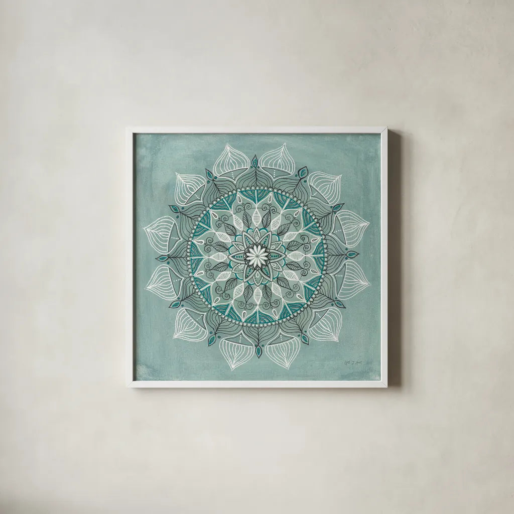 Desert Mandala Green by Yvette St. Amant. Shown in a crisp white glass frame for a clean and minimalist style. Available as an archival giclee rolled canvas, fine art paper, or poster print. SKU 91001a.