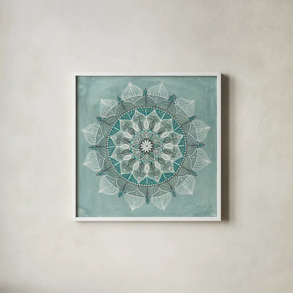 Desert Mandala Green by Yvette St. Amant. Shown in a crisp white glass frame for a clean and minimalist style. Available as an archival giclee rolled canvas, fine art paper, or poster print. SKU 91001a.