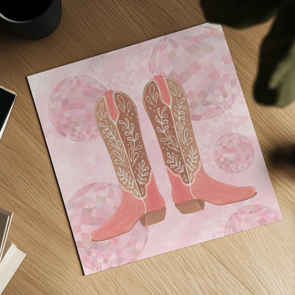 Disco Cowgirl I by Yvette St. Amant. Shown as a detailed flat fine art print, highlighting archival giclee quality. Available as an archival giclee rolled canvas, fine art paper, or poster print. SKU 93446a.