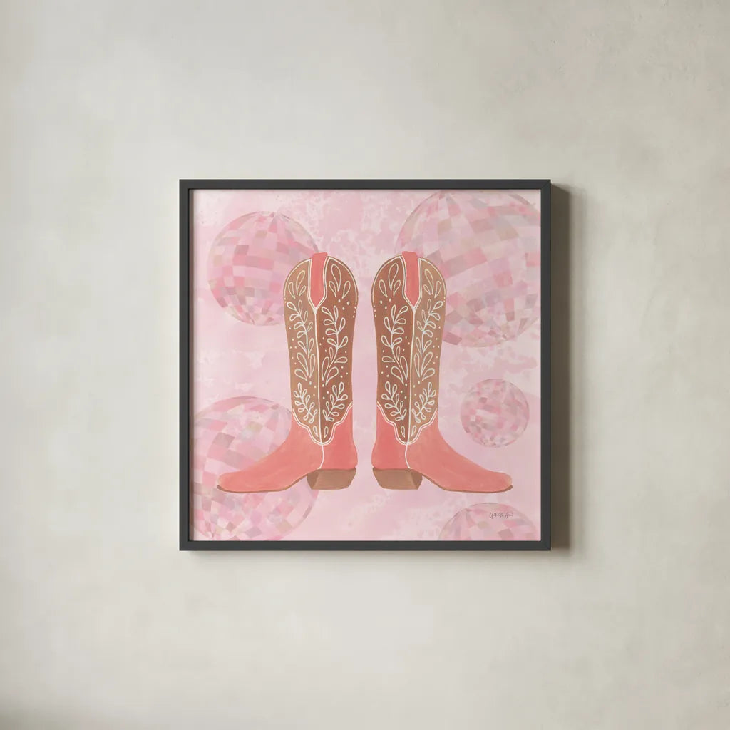 Disco Cowgirl I by Yvette St. Amant. Shown in a sleek black glass frame for a contemporary gallery look. Available as an archival giclee rolled canvas, fine art paper, or poster print. SKU 93446a.