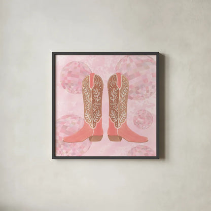 Disco Cowgirl I by Yvette St. Amant. Shown in a sleek black glass frame for a contemporary gallery look. Available as an archival giclee rolled canvas, fine art paper, or poster print. SKU 93446a.