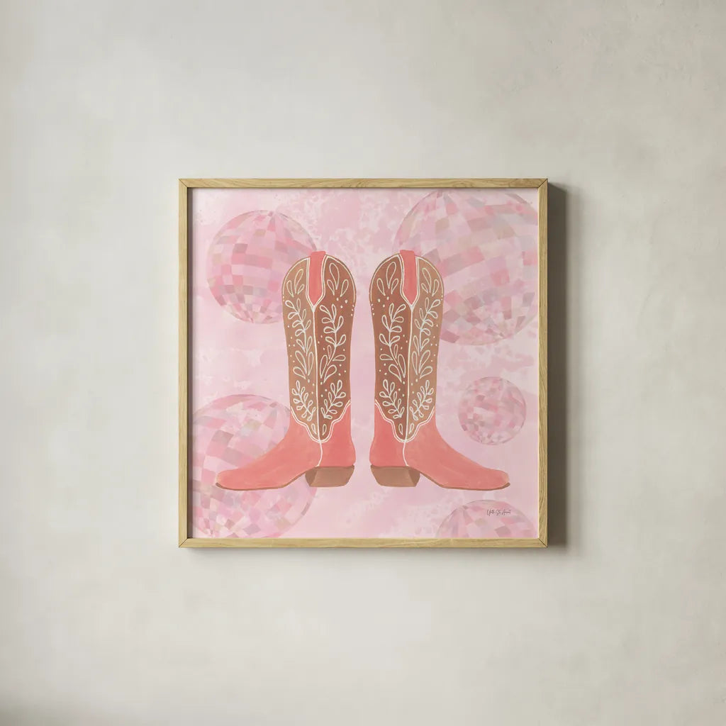 Disco Cowgirl I by Yvette St. Amant. Shown in a natural wood glass frame for a timeless modern aesthetic. Available as an archival giclee rolled canvas, fine art paper, or poster print. SKU 93446a.