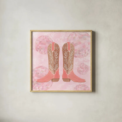 Disco Cowgirl I by Yvette St. Amant. Shown in a natural wood glass frame for a timeless modern aesthetic. Available as an archival giclee rolled canvas, fine art paper, or poster print. SKU 93446a.