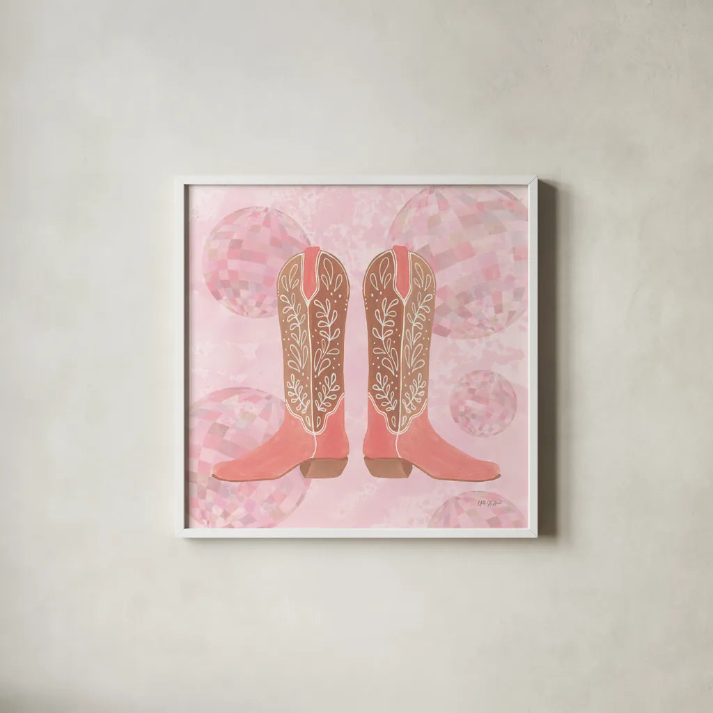 Disco Cowgirl I by Yvette St. Amant. Shown in a crisp white glass frame for a clean and minimalist style. Available as an archival giclee rolled canvas, fine art paper, or poster print. SKU 93446a.
