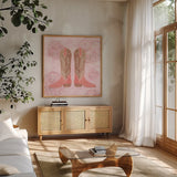 Disco Cowgirl I by Yvette St. Amant. Shown in a natural wood frame in a cozy modern living room. Available as an archival giclee rolled canvas, fine art paper, or poster print. SKU 93446a.