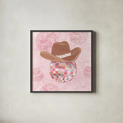 Disco Cowgirl II by Yvette St. Amant. Shown in a sleek black glass frame for a contemporary gallery look. Available as an archival giclee rolled canvas, fine art paper, or poster print. SKU 93447a.