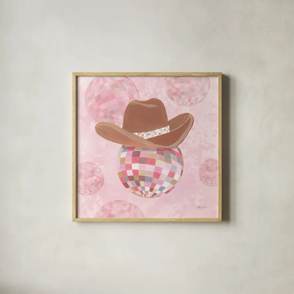 Disco Cowgirl II by Yvette St. Amant. Shown in a natural wood glass frame for a timeless modern aesthetic. Available as an archival giclee rolled canvas, fine art paper, or poster print. SKU 93447a.