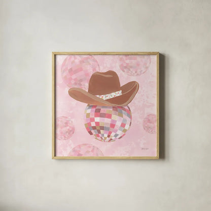 Disco Cowgirl II by Yvette St. Amant. Shown in a natural wood glass frame for a timeless modern aesthetic. Available as an archival giclee rolled canvas, fine art paper, or poster print. SKU 93447a.