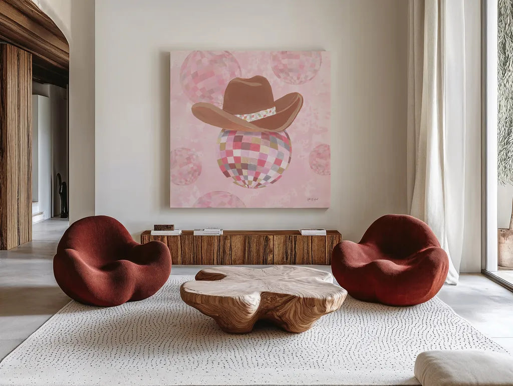Disco Cowgirl II by Yvette St. Amant. Shown as extra-large giant wall art in a modern living room. Available as an archival giclee rolled canvas, fine art paper, or poster print. SKU 93447a.