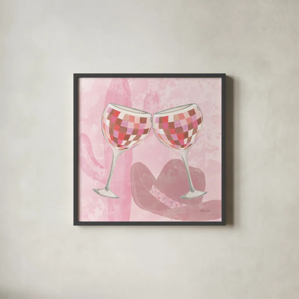 Disco Cowgirl III by Yvette St. Amant. Shown in a sleek black glass frame for a contemporary gallery look. Available as an archival giclee rolled canvas, fine art paper, or poster print. SKU 93448a.