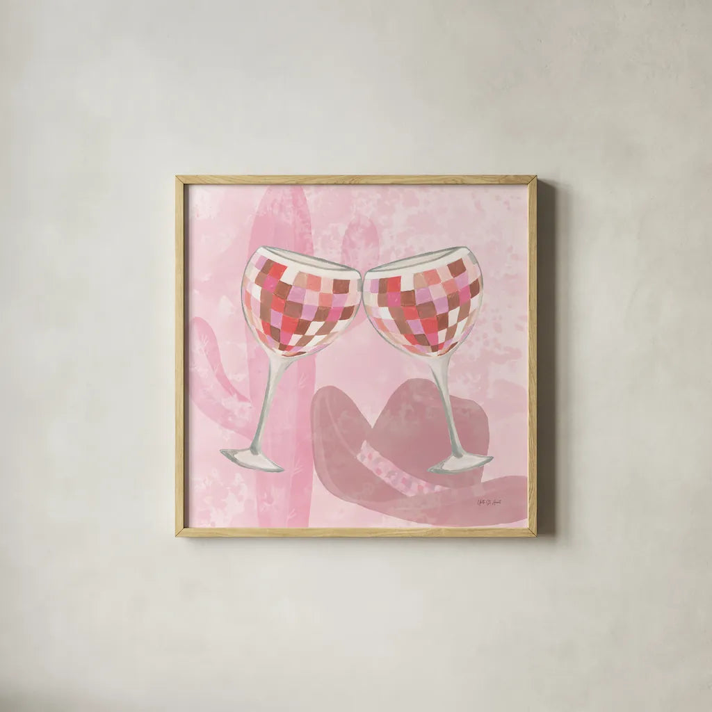 Disco Cowgirl III by Yvette St. Amant. Shown in a natural wood glass frame for a timeless modern aesthetic. Available as an archival giclee rolled canvas, fine art paper, or poster print. SKU 93448a.