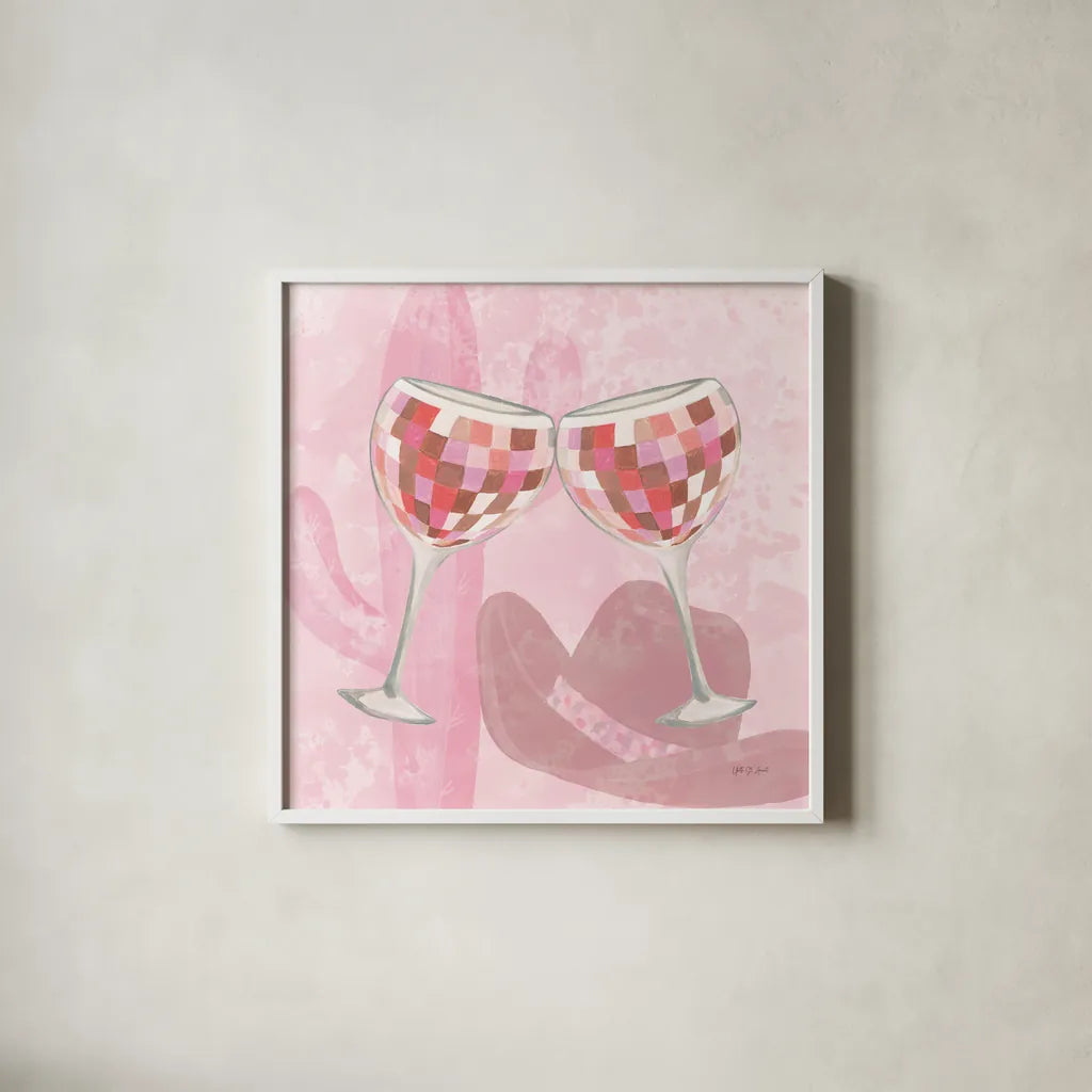 Disco Cowgirl III by Yvette St. Amant. Shown in a crisp white glass frame for a clean and minimalist style. Available as an archival giclee rolled canvas, fine art paper, or poster print. SKU 93448a.