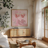 Disco Cowgirl III by Yvette St. Amant. Shown in a natural wood frame in a cozy modern living room. Available as an archival giclee rolled canvas, fine art paper, or poster print. SKU 93448a.