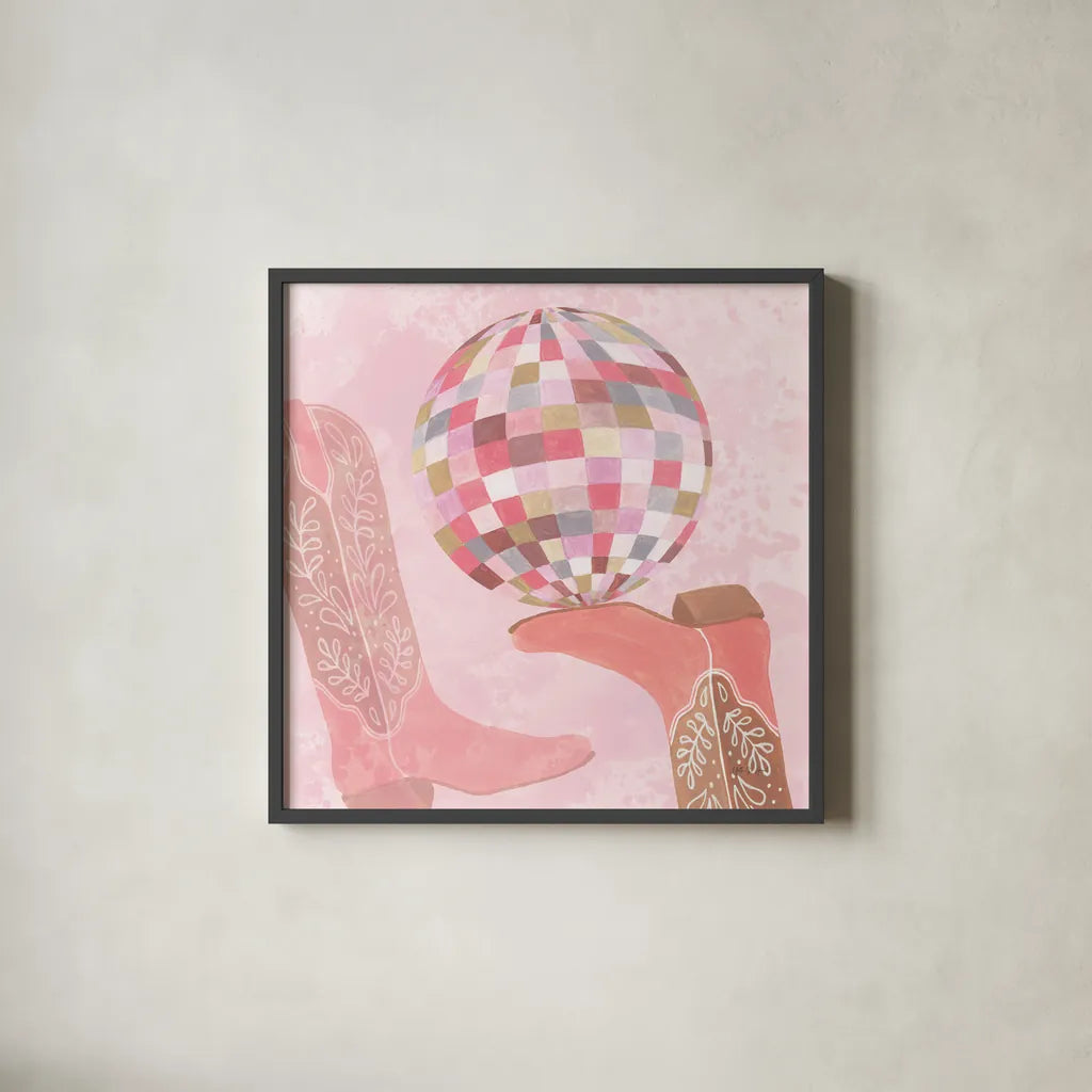 Disco Cowgirl IV by Yvette St. Amant. Shown in a sleek black glass frame for a contemporary gallery look. Available as an archival giclee rolled canvas, fine art paper, or poster print. SKU 93449a.