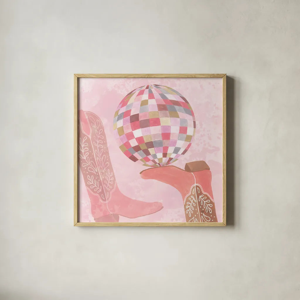 Disco Cowgirl IV by Yvette St. Amant. Shown in a natural wood glass frame for a timeless modern aesthetic. Available as an archival giclee rolled canvas, fine art paper, or poster print. SKU 93449a.