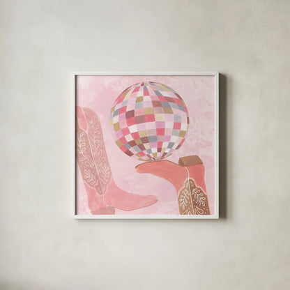 Disco Cowgirl IV by Yvette St. Amant. Shown in a crisp white glass frame for a clean and minimalist style. Available as an archival giclee rolled canvas, fine art paper, or poster print. SKU 93449a.