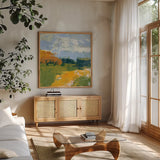 Distant Plateau I by Yvette St. Amant. Shown in a natural wood frame in a cozy modern living room. Available as an archival giclee rolled canvas, fine art paper, or poster print. SKU 100655a.
