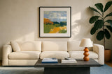Distant Plateau I by Yvette St. Amant. Displayed in a glass frame with matte in a clean modern living room. Available as an archival giclee rolled canvas, fine art paper, or poster print. SKU 100655a.