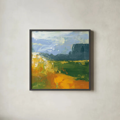 Distant Plateau II by Yvette St. Amant. Shown in a sleek black glass frame for a contemporary gallery look. Available as an archival giclee rolled canvas, fine art paper, or poster print. SKU 100656a.