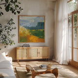 Distant Plateau II by Yvette St. Amant. Shown in a natural wood frame in a cozy modern living room. Available as an archival giclee rolled canvas, fine art paper, or poster print. SKU 100656a.