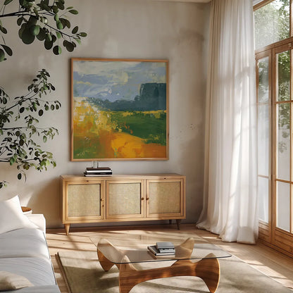 Distant Plateau II by Yvette St. Amant. Shown in a natural wood frame in a cozy modern living room. Available as an archival giclee rolled canvas, fine art paper, or poster print. SKU 100656a.