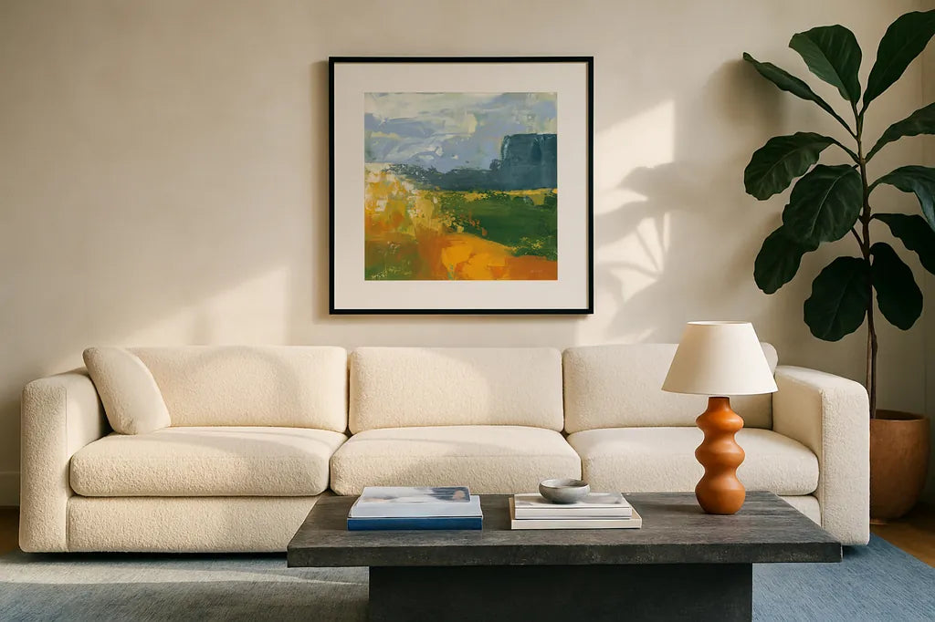 Distant Plateau II by Yvette St. Amant. Displayed in a glass frame with matte in a clean modern living room. Available as an archival giclee rolled canvas, fine art paper, or poster print. SKU 100656a.