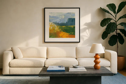 Distant Plateau II by Yvette St. Amant. Displayed in a glass frame with matte in a clean modern living room. Available as an archival giclee rolled canvas, fine art paper, or poster print. SKU 100656a.