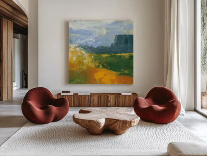 Distant Plateau II by Yvette St. Amant. Shown as extra-large giant wall art in a modern living room. Available as an archival giclee rolled canvas, fine art paper, or poster print. SKU 100656a.