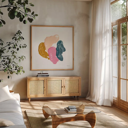 Dreaming of Paint II by Yvette St. Amant. Shown in a natural wood frame in a cozy modern living room. Available as an archival giclee rolled canvas, fine art paper, or poster print. SKU 92216a.
