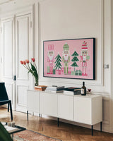 Dreamland Nutcrackers I by Yvette St. Amant. shown as a framed stretched canvas in a living room above a console. Available as a archival giclee rolled canvas, fine art paper, or poster print. SKU 95773i.