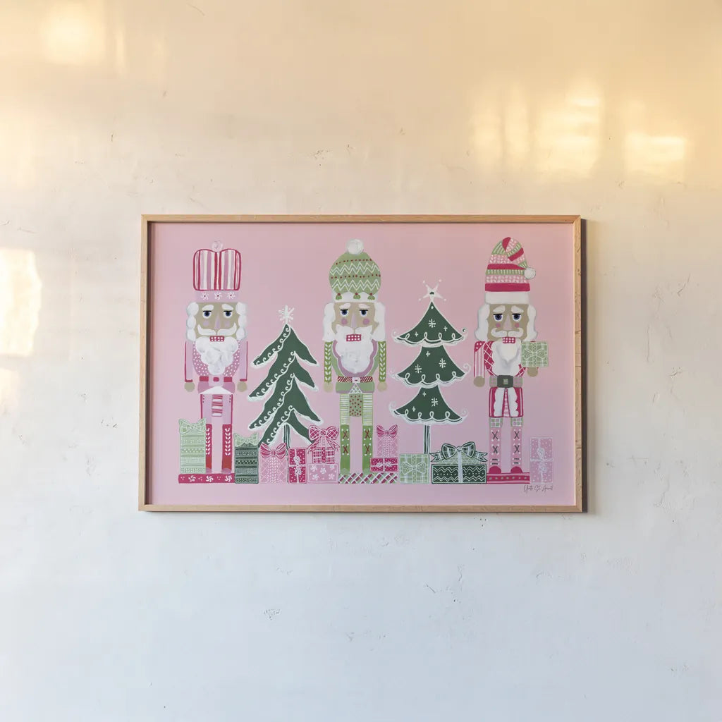 Dreamland Nutcrackers I by Yvette St. Amant. shown as a paper print in a natural frame. Available as a archival giclee rolled canvas, fine art paper, or poster print. SKU 95773i.