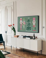 Dreamland Nutcrackers II by Yvette St. Amant. shown as a framed stretched canvas in a living room above a console. Available as a archival giclee rolled canvas, fine art paper, or poster print. SKU 95774i.