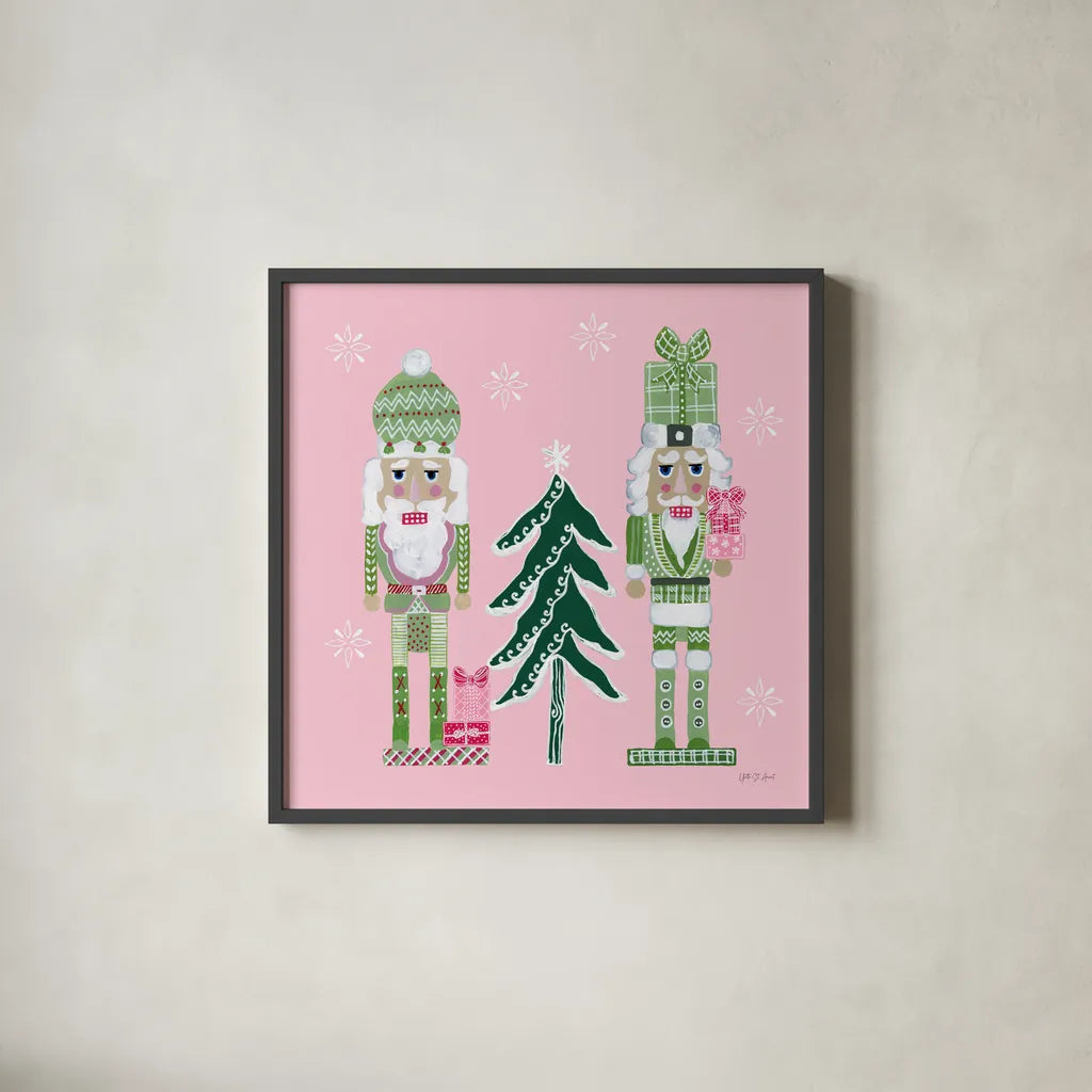 Dreamland Nutcrackers III by Yvette St. Amant. Shown in a sleek black glass frame for a contemporary gallery look. Available as an archival giclee rolled canvas, fine art paper, or poster print. SKU 95775a.