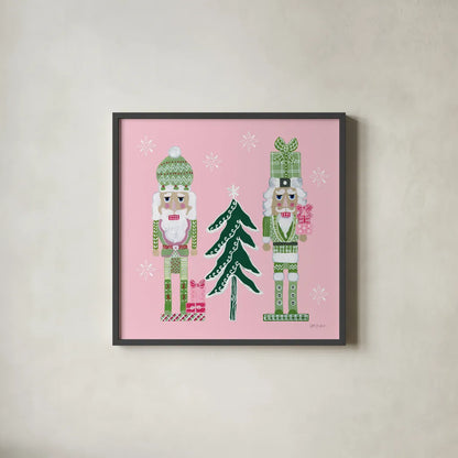 Dreamland Nutcrackers III by Yvette St. Amant. Shown in a sleek black glass frame for a contemporary gallery look. Available as an archival giclee rolled canvas, fine art paper, or poster print. SKU 95775a.